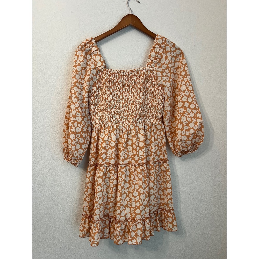 Pink Lily Floral‎ Smocked Square Neck Tiered Mini Dress Orange White Puff Sleeve